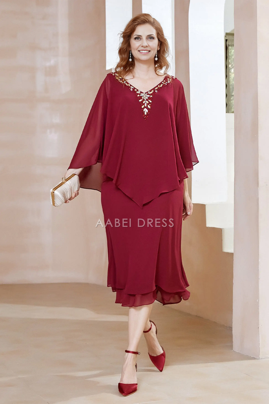 AABEI DRESS Wedding Guests Dresses Mom's Formal Dress Fashion Sheath Beaded V-neck Flutter Sleeves V Back Tea-Length Exquisite Mother of the Bride Dress