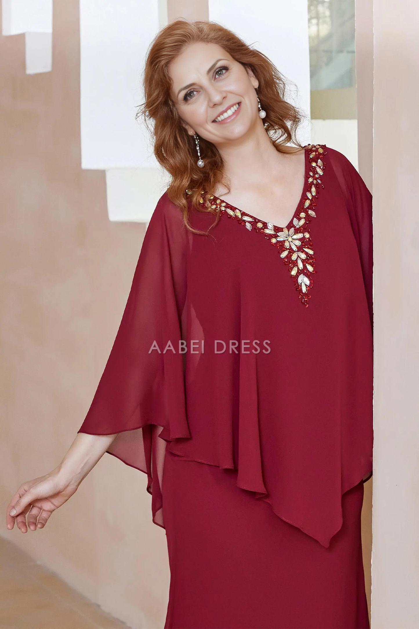 AABEI DRESS Wedding Guests Dresses Mom's Formal Dress Fashion Sheath Beaded V-neck Flutter Sleeves V Back Tea-Length Exquisite Mother of the Bride Dress