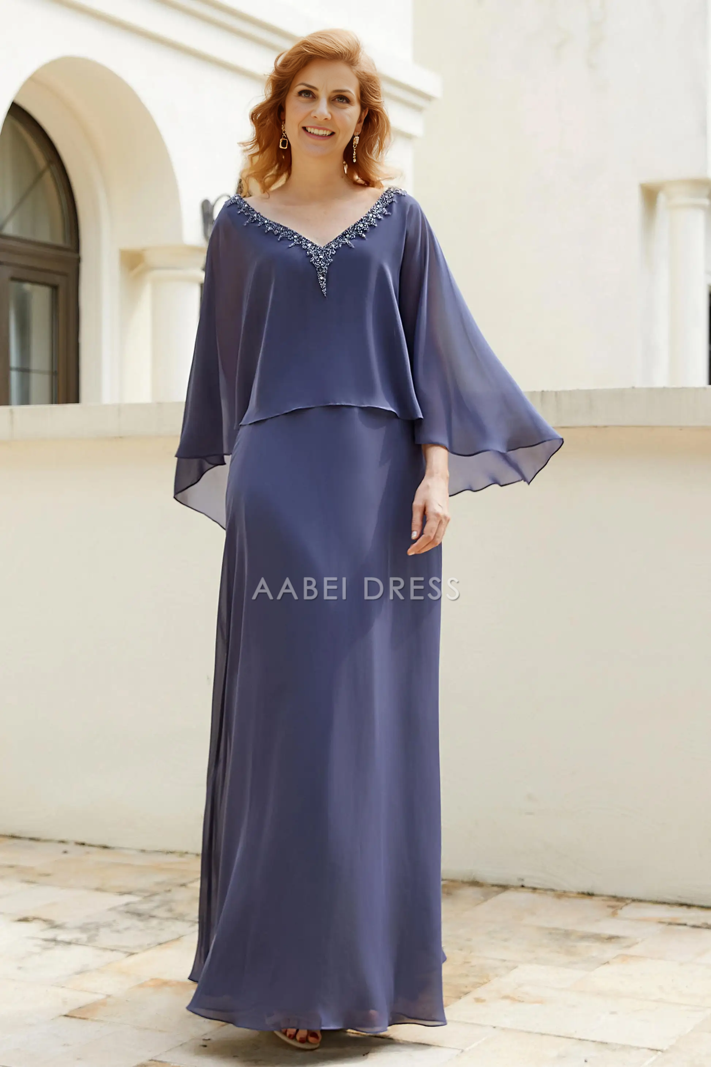 AABEI DRESS Wedding Guests Dresses Mom's Formal Dress Elegant A-Line Beadwork V Neck Flutter Sleeves V Back Chiffon Dress Exquisite Mother of the Bride Dress
