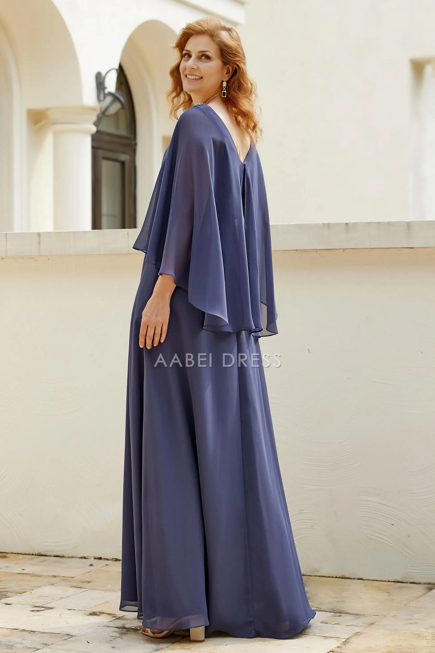 AABEI DRESS Wedding Guests Dresses Mom's Formal Dress Elegant A-Line Beadwork V Neck Flutter Sleeves V Back Chiffon Dress Exquisite Mother of the Bride Dress