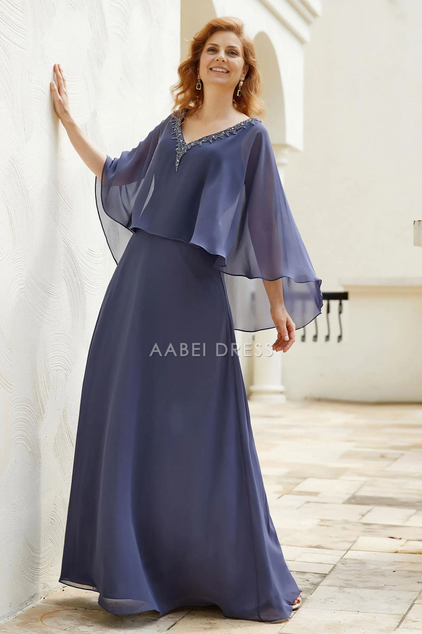 AABEI DRESS Wedding Guests Dresses Mom's Formal Dress Elegant A-Line Beadwork V Neck Flutter Sleeves V Back Chiffon Dress Exquisite Mother of the Bride Dress