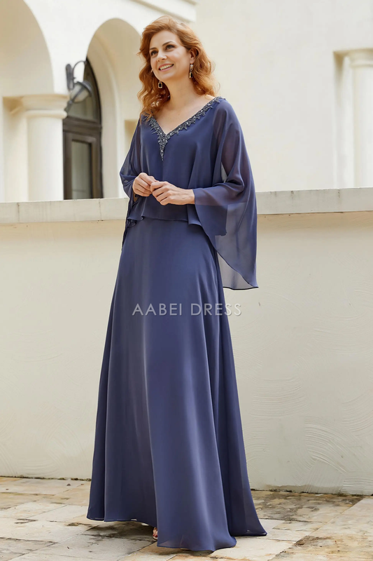 AABEI DRESS Wedding Guests Dresses Mom's Formal Dress Elegant A-Line Beadwork V Neck Flutter Sleeves V Back Chiffon Dress Exquisite Mother of the Bride Dress