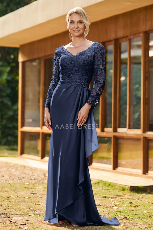 AABEI DRESS Wedding Guests Dresses Mom's Formal Dress Fashion Sheath V-Neck Long Sleeves Lace Top V Back Chiffon Ruched Sweep Train Retro Mother of the Bride Dress