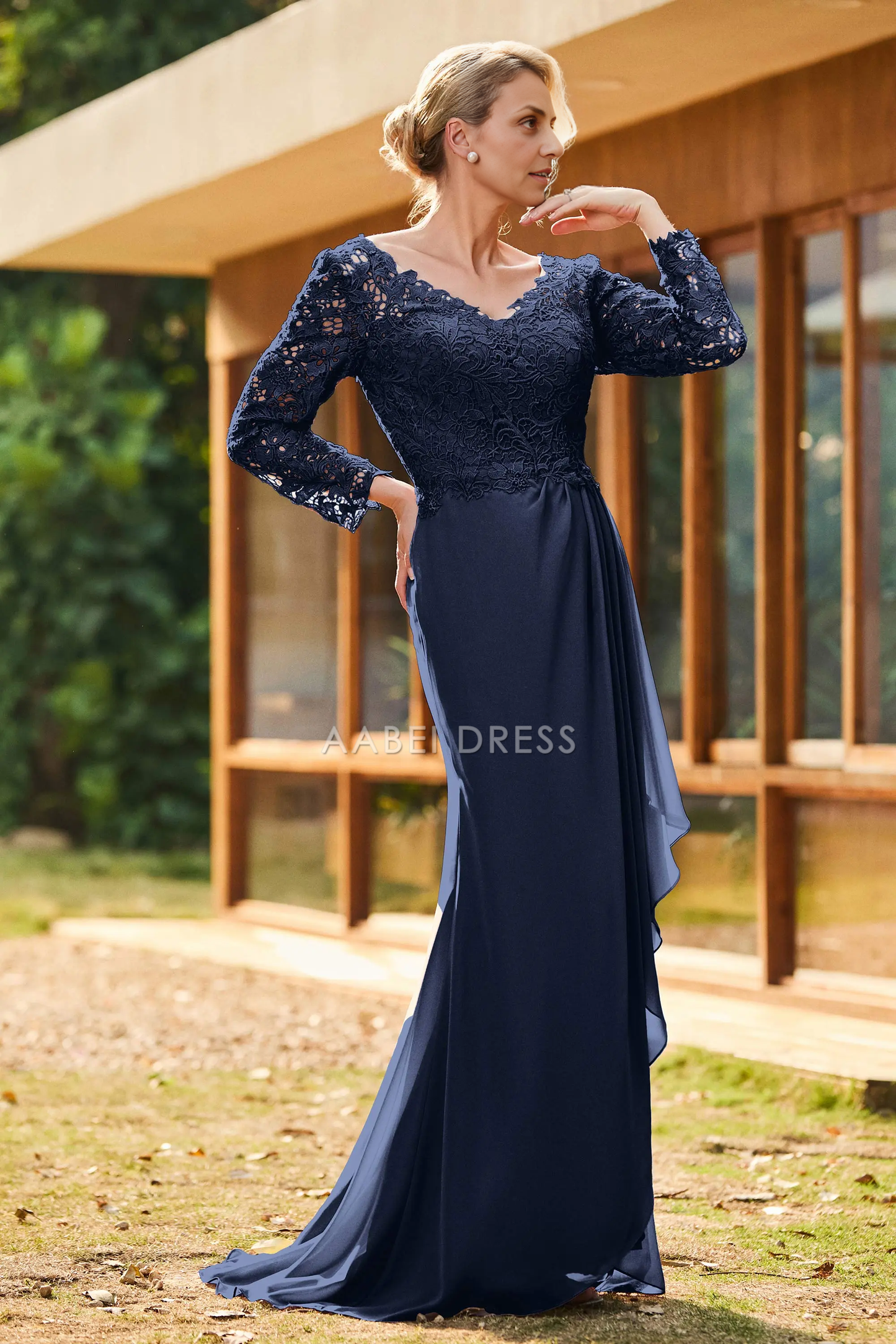 AABEI DRESS Wedding Guests Dresses Mom's Formal Dress Fashion Sheath V-Neck Long Sleeves Lace Top V Back Chiffon Ruched Sweep Train Retro Mother of the Bride Dress