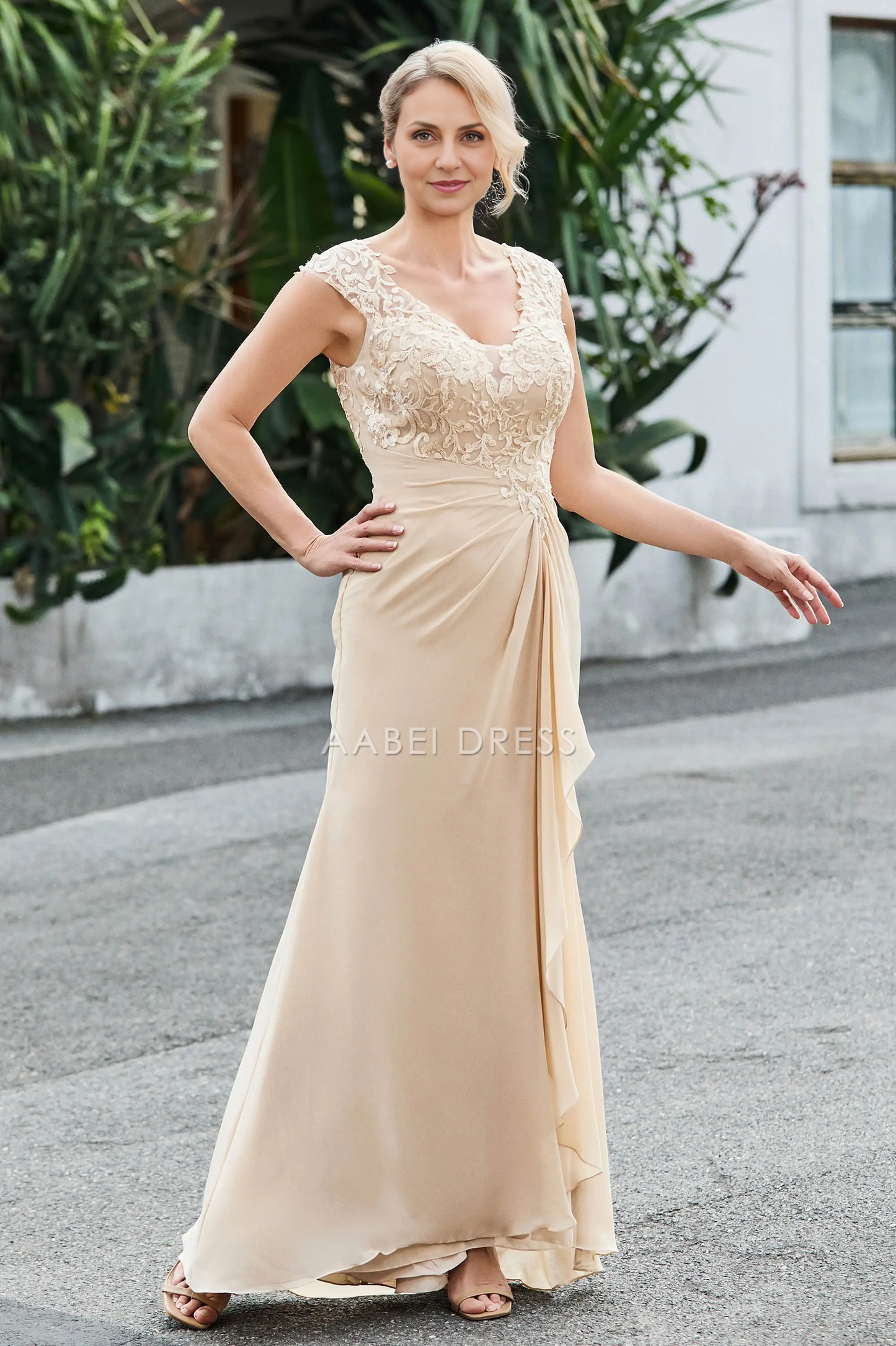 AABEI DRESS Wedding Guests Dresses Mom's Formal Dress Fashion Sheath V-Neck Sleeveless Lace Applique Chiffon Ruffles Exquisite Mother of the Bride Dress