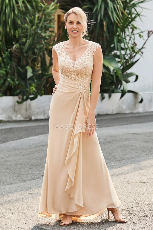 AABEI DRESS Wedding Guests Dresses Mom's Formal Dress Fashion Sheath V-Neck Sleeveless Lace Applique Chiffon Ruffles Exquisite Mother of the Bride Dress