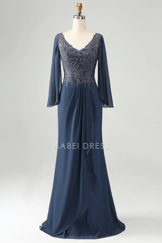 AABEI DRESS Wedding Guests Dresses Mom's Formal Dress Glitter Mermaid V Neck Flutter Long Sleeves Beaded with Lace Appliques Ruched Elegant Retro Mother of the Bride Dress