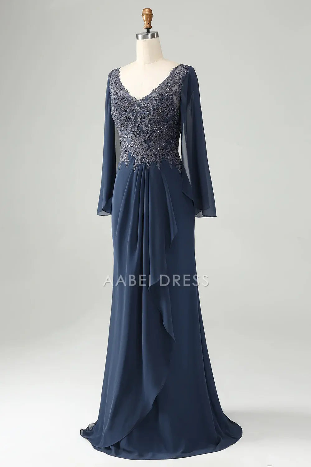 AABEI DRESS Wedding Guests Dresses Mom's Formal Dress Glitter Mermaid V Neck Flutter Long Sleeves Beaded with Lace Appliques Ruched Elegant Retro Mother of the Bride Dress