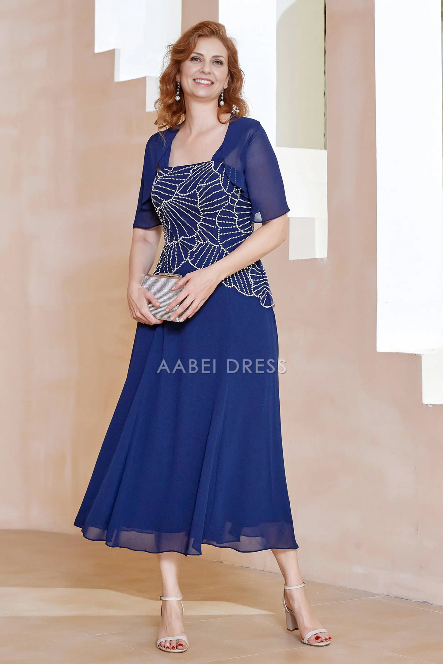 AABEI DRESS Wedding Guests Dresses Mom's Formal Dress Gorgeous A-Line Square Neck Short Sleeves Beaded Chiffon Ruched Dress Elegant Mother of the Bride Dress