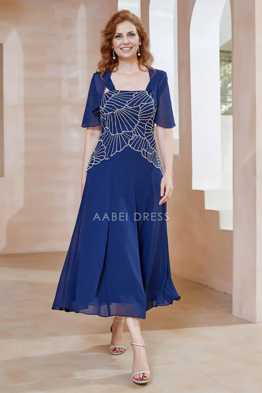 AABEI DRESS Wedding Guests Dresses Mom's Formal Dress Gorgeous A-Line Square Neck Short Sleeves Beaded Chiffon Ruched Dress Elegant Mother of the Bride Dress