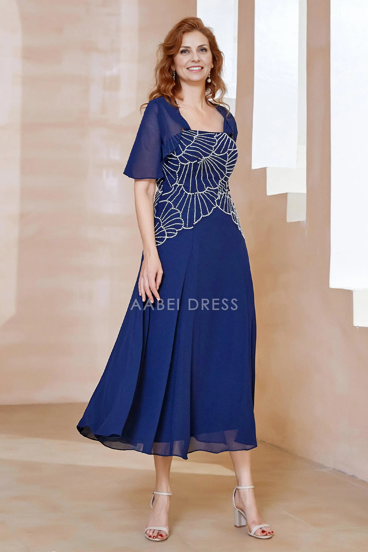 AABEI DRESS Wedding Guests Dresses Mom's Formal Dress Gorgeous A-Line Square Neck Short Sleeves Beaded Chiffon Ruched Dress Elegant Mother of the Bride Dress