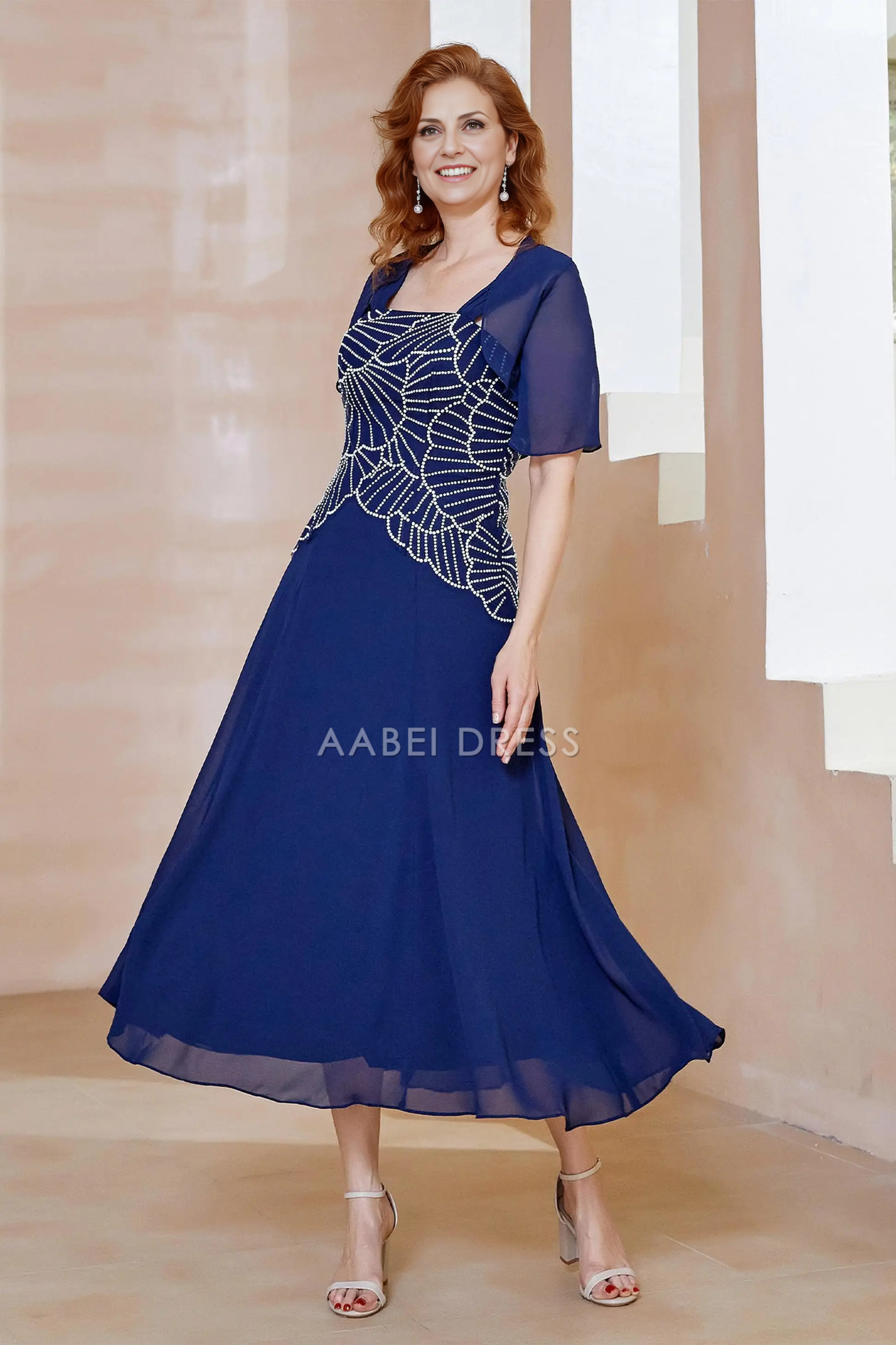 AABEI DRESS Wedding Guests Dresses Mom's Formal Dress Gorgeous A-Line Square Neck Short Sleeves Beaded Chiffon Ruched Dress Elegant Mother of the Bride Dress