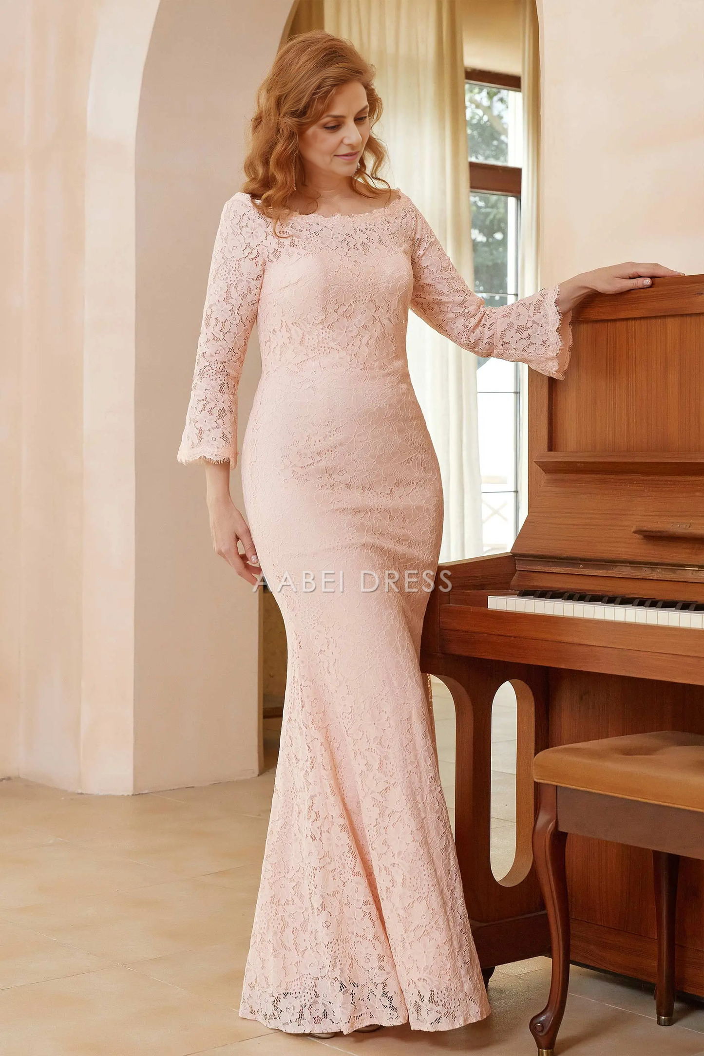 AABEI DRESS Wedding Guests Dresses Mom's Formal Dress Lace Sheath Mermaid Scoop Neck Long Sleeves Elegant Long Mother of the Bride Dress