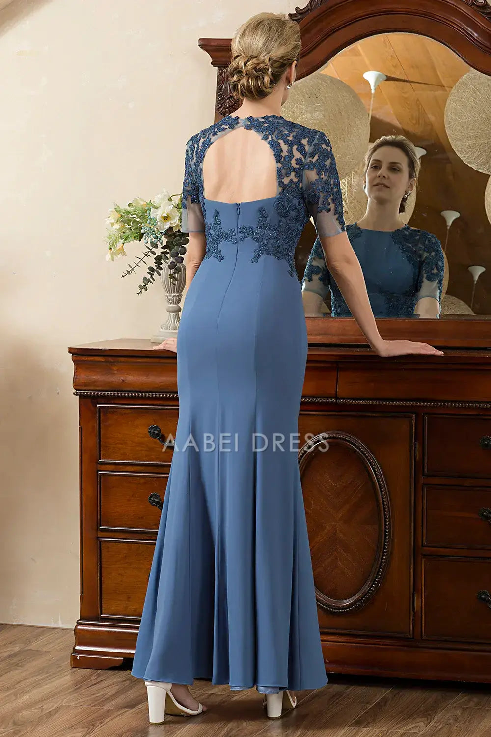 AABEI DRESS Wedding Guests Dresses Mom's Formal Dress Mermaid Short Sleeve Lace Applique Open Back with Slit Exquisite Mother of the Bride Dress