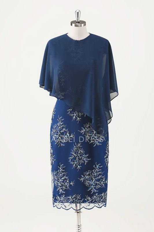 AABEI DRESS Wedding Guests Dresses Mom's Formal Dress Sheath Applique Round Neck Cap Sleeve with Cloak Two-Piece Set Tea-Length Exquisite Mother of the Bride Dress