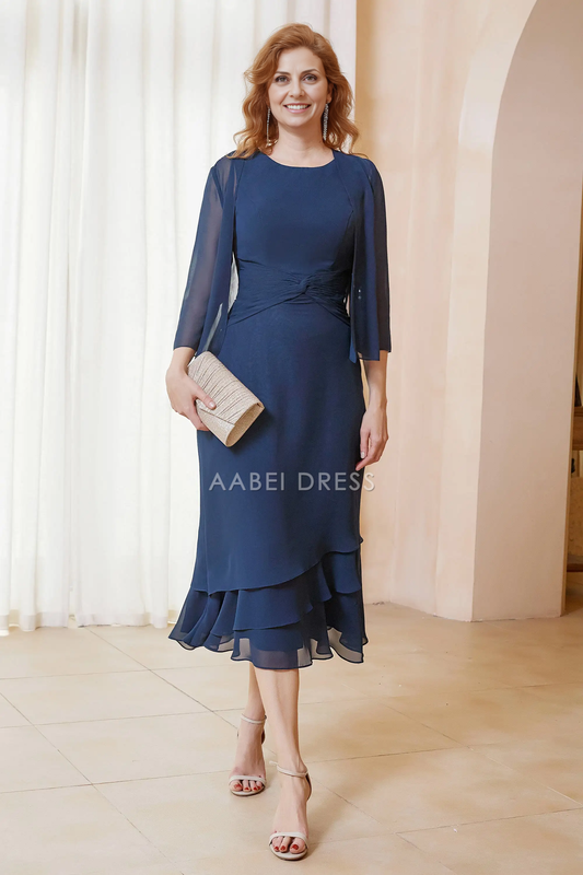 AABEI DRESS Wedding Guests Dresses Mom's Formal Dress Sheath Round Neck Long Sleeves Ruffles Chiffon Tea-Length Dress with Jacket Elegant Mother of the Bride Dress
