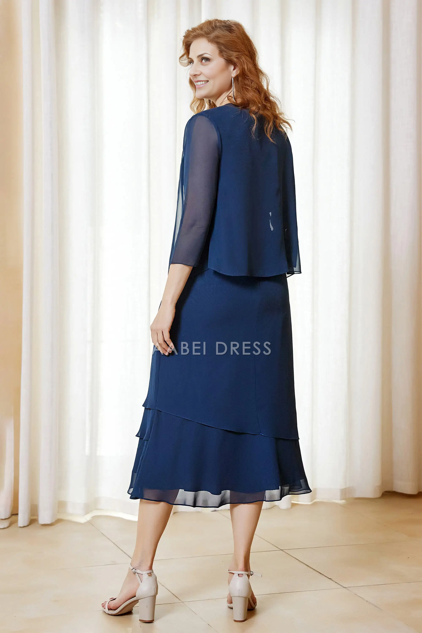 AABEI DRESS Wedding Guests Dresses Mom's Formal Dress Sheath Round Neck Long Sleeves Ruffles Chiffon Tea-Length Dress with Jacket Elegant Mother of the Bride Dress