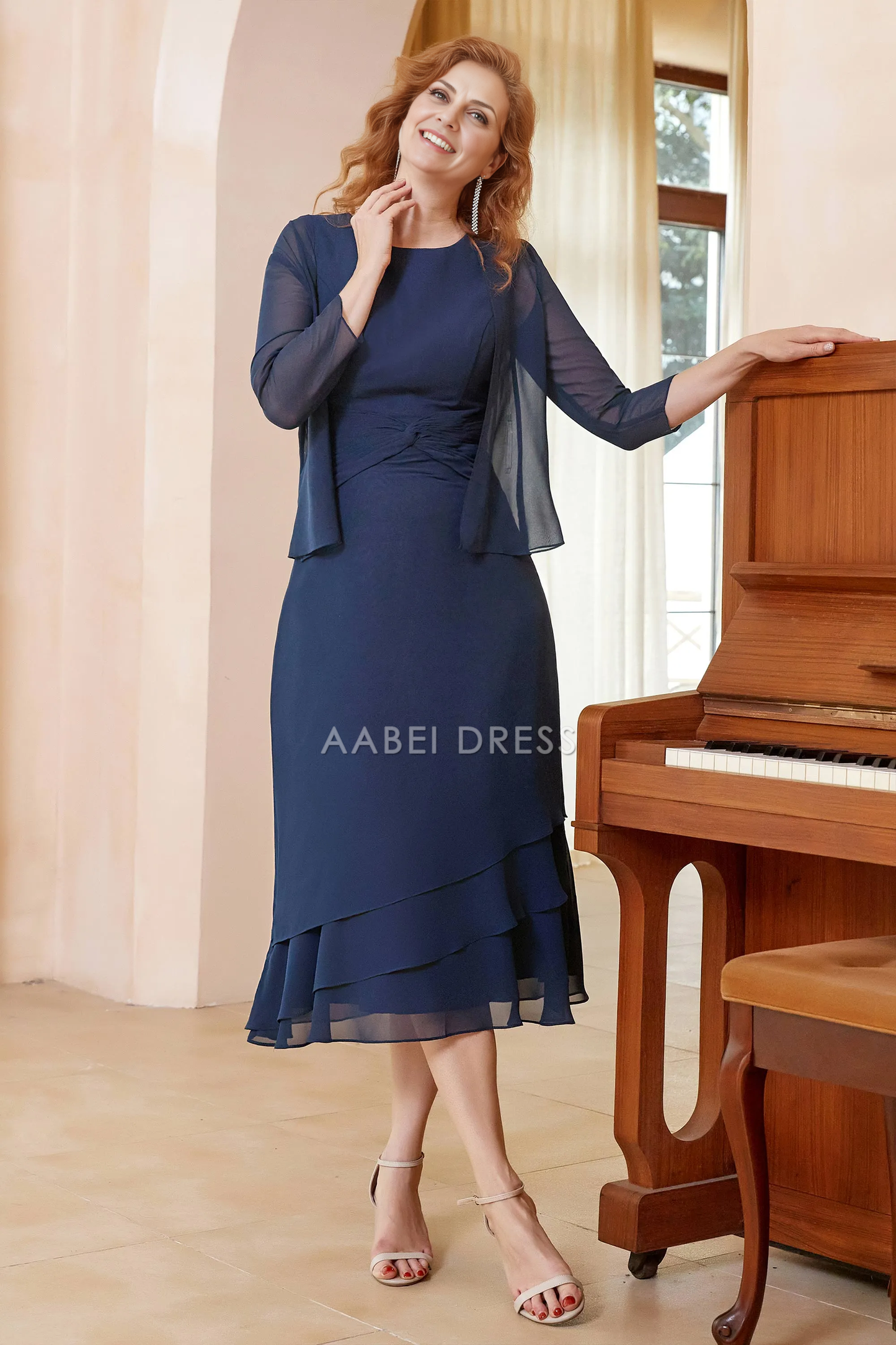 AABEI DRESS Wedding Guests Dresses Mom's Formal Dress Sheath Round Neck Long Sleeves Ruffles Chiffon Tea-Length Dress with Jacket Elegant Mother of the Bride Dress