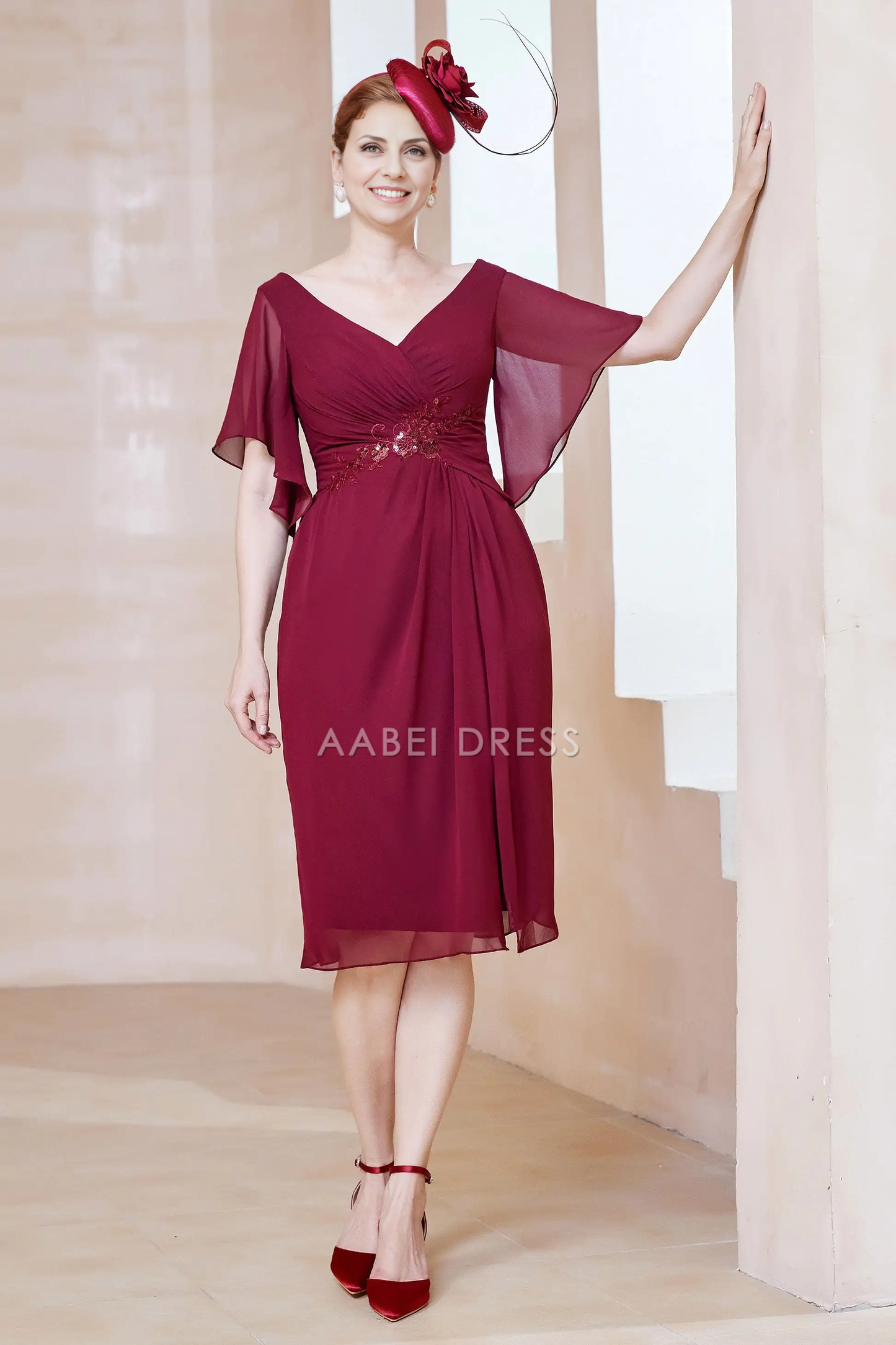 AABEI DRESS Wedding Guests Dresses Mom's Formal Dress Sheath V-Neck Flutter Sleeves Pleated Waist Applique V Back Side Fork Chiffon Dress Elegant Mother of the Bride Dress