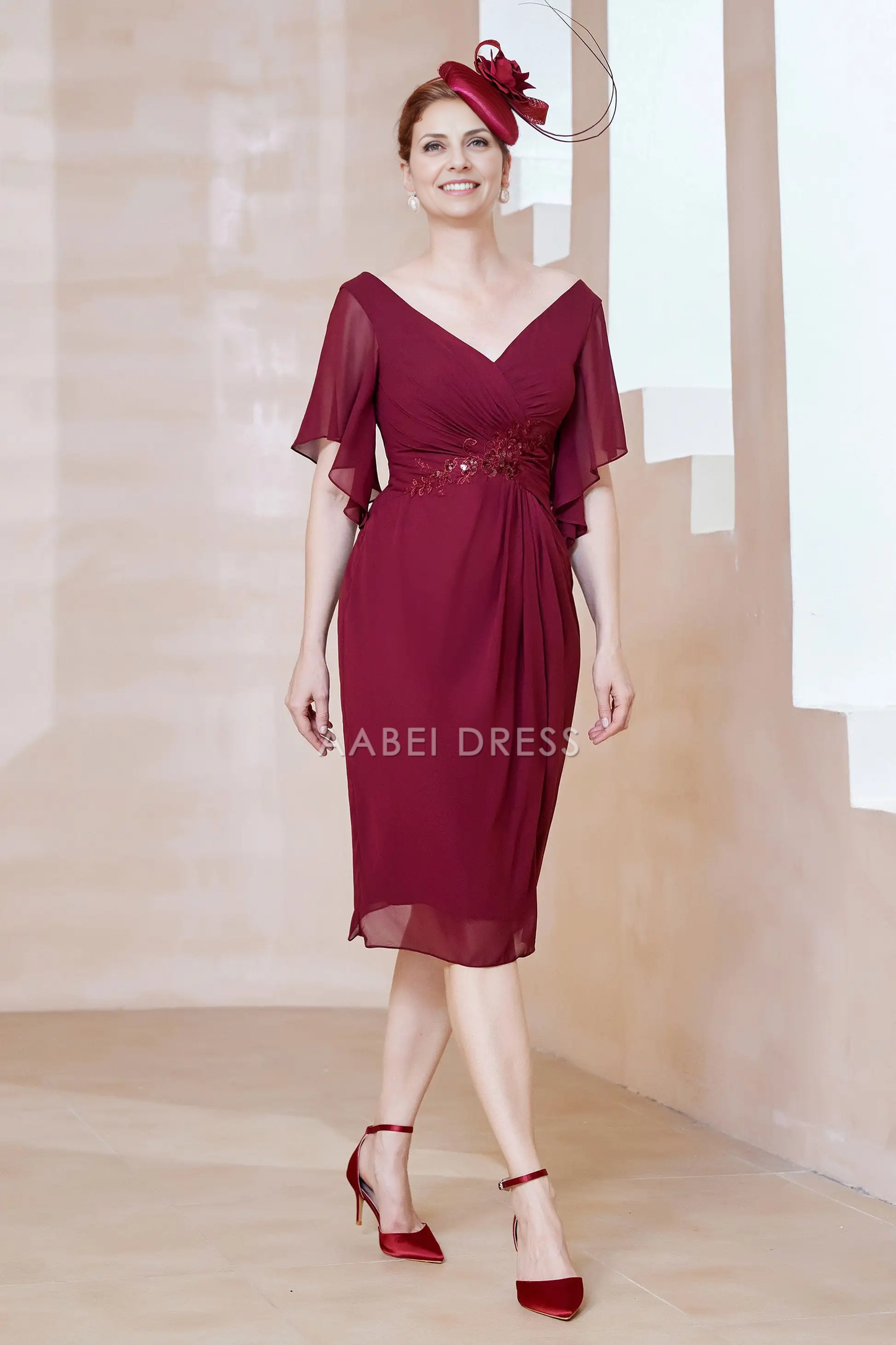 AABEI DRESS Wedding Guests Dresses Mom's Formal Dress Sheath V-Neck Flutter Sleeves Pleated Waist Applique V Back Side Fork Chiffon Dress Elegant Mother of the Bride Dress