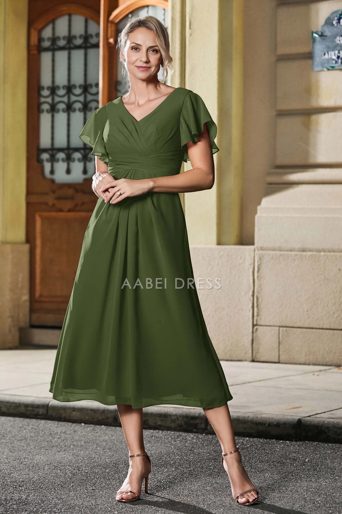 AABEI DRESS Wedding Guests Dresses Mom's Formal Dress Simple A Line Pleated V-Neck Flutter Sleeves Chiffon Tea-Length Elegant Mother of the Bride Dress