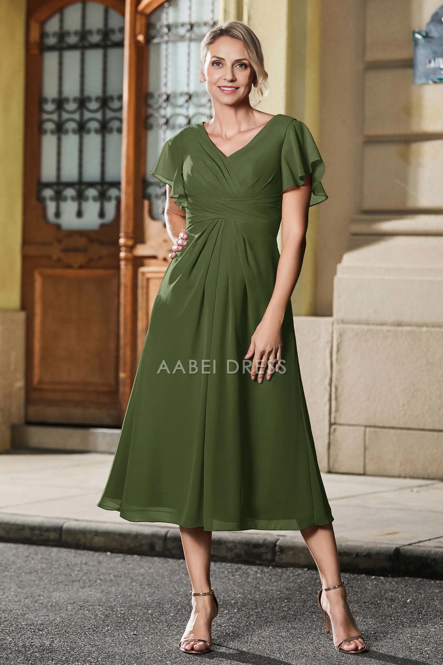 AABEI DRESS Wedding Guests Dresses Mom's Formal Dress Simple A Line Pleated V-Neck Flutter Sleeves Chiffon Tea-Length Elegant Mother of the Bride Dress