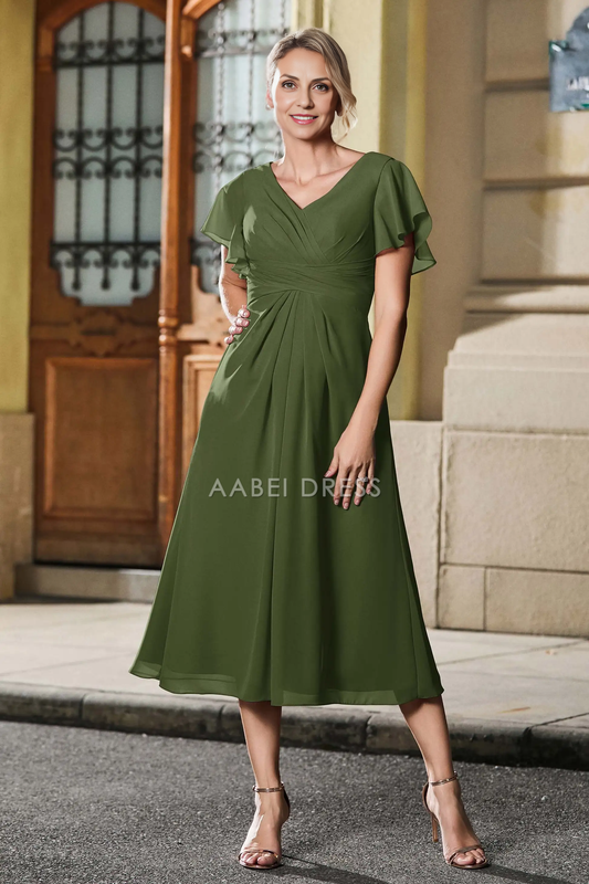 AABEI DRESS Wedding Guests Dresses Mom's Formal Dress Simple A Line Pleated V-Neck Flutter Sleeves Chiffon Tea-Length Elegant Mother of the Bride Dress