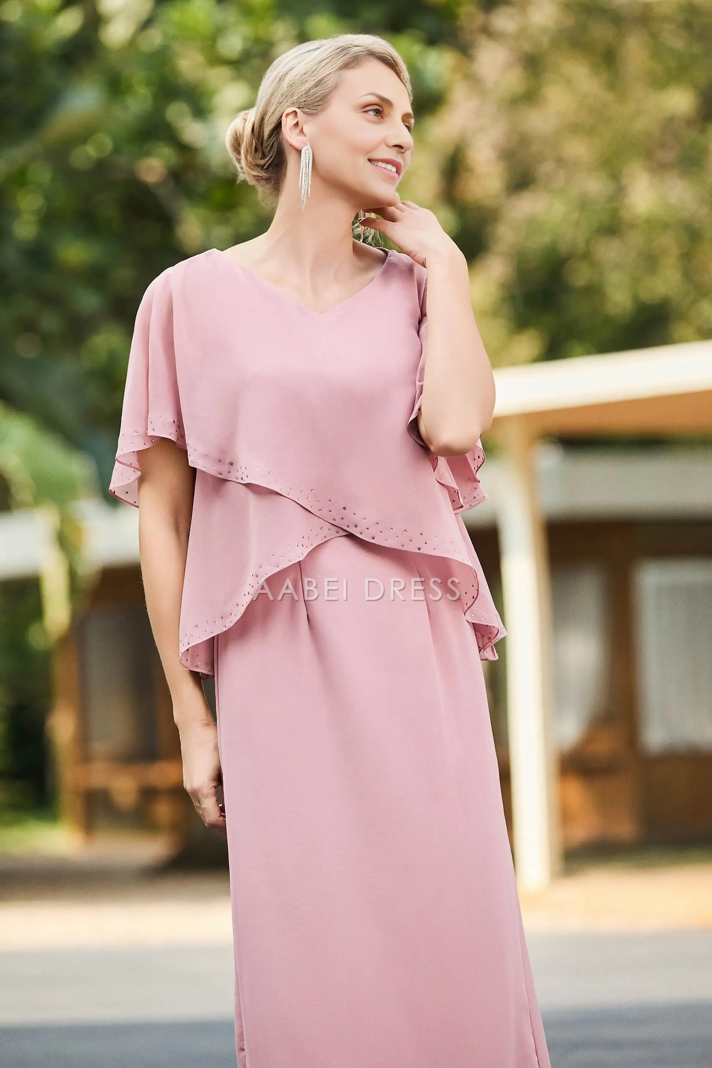 AABEI DRESS Wedding Guests Dresses Mom's Formal Dress Simple Sheath V-Neck Flutter Sleeves Beadwork Back Slit Chiffon Tea-Length Fashion Mother of the Bride Dress