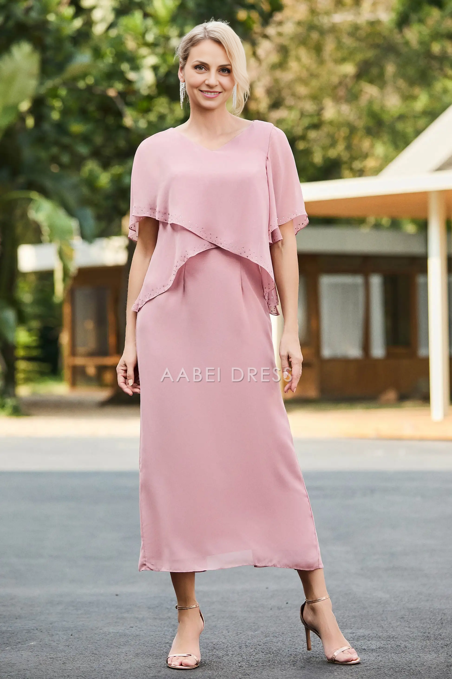 AABEI DRESS Wedding Guests Dresses Mom's Formal Dress Simple Sheath V-Neck Flutter Sleeves Beadwork Back Slit Chiffon Tea-Length Fashion Mother of the Bride Dress