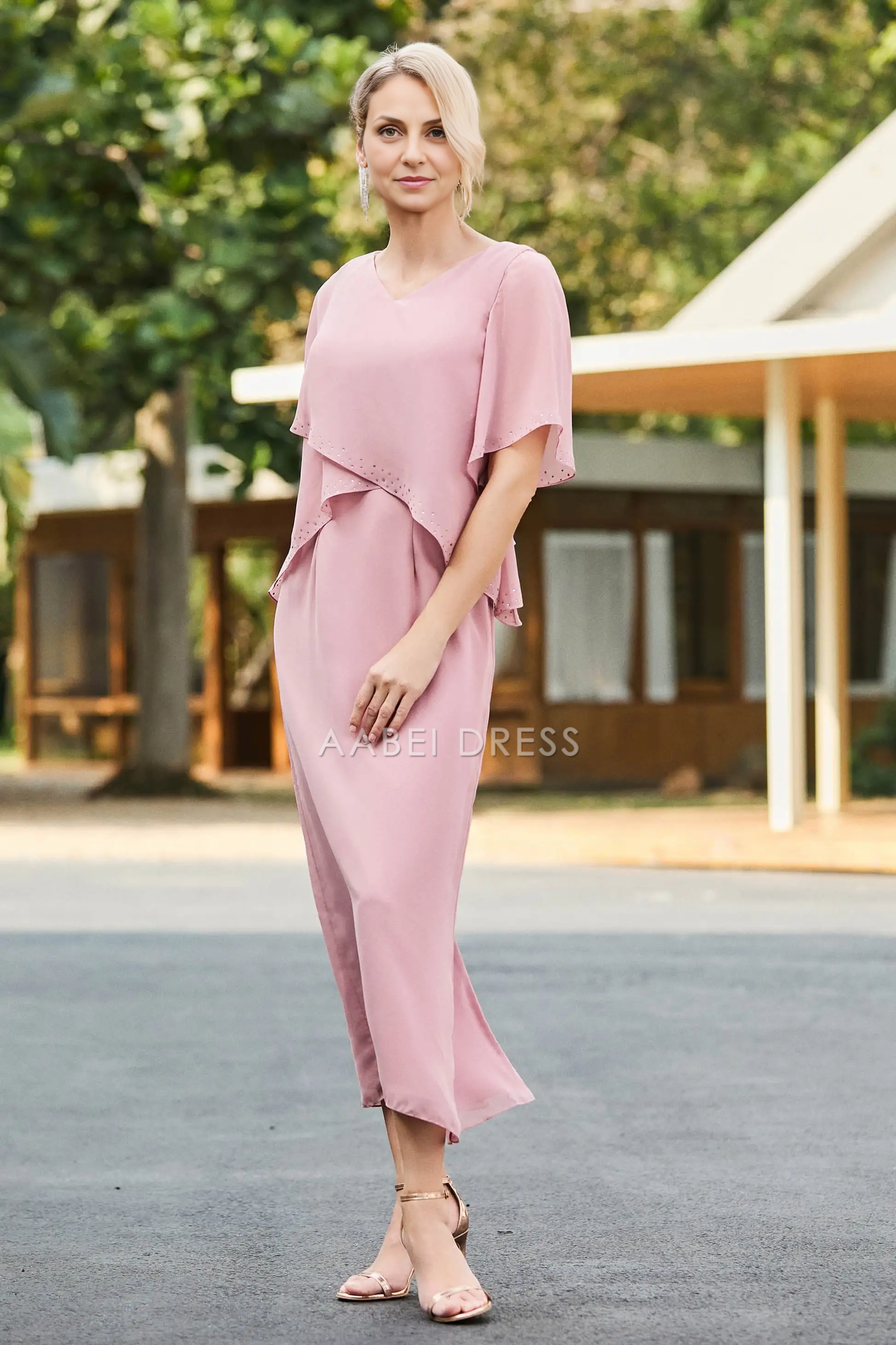 AABEI DRESS Wedding Guests Dresses Mom's Formal Dress Simple Sheath V-Neck Flutter Sleeves Beadwork Back Slit Chiffon Tea-Length Fashion Mother of the Bride Dress