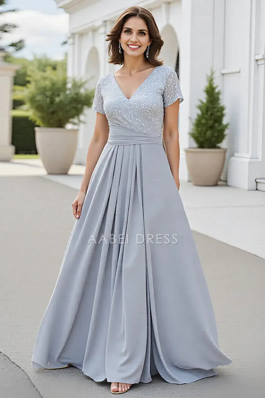 AABEI DRESS Wedding Guests Dresses Sequin A Line V-Neck Short Sleeves Backless Fashion Long Mother of the Bride Dress