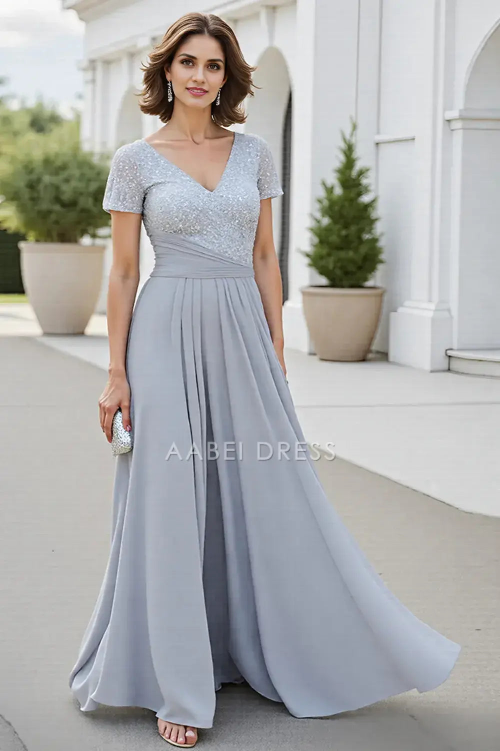 AABEI DRESS Wedding Guests Dresses Sequin A Line V-Neck Short Sleeves Backless Fashion Long Mother of the Bride Dress