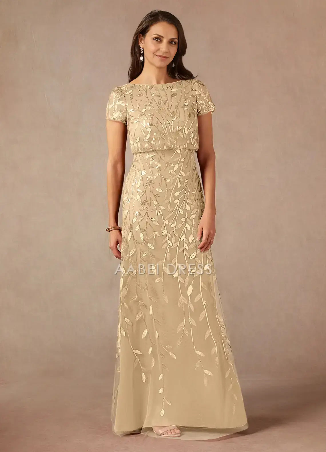 AABEI DRESS Wedding Guests Dresses Sequins A-Line Boat Neck Short Sleeves Sparkle Elegant Mother of the Bride Dress