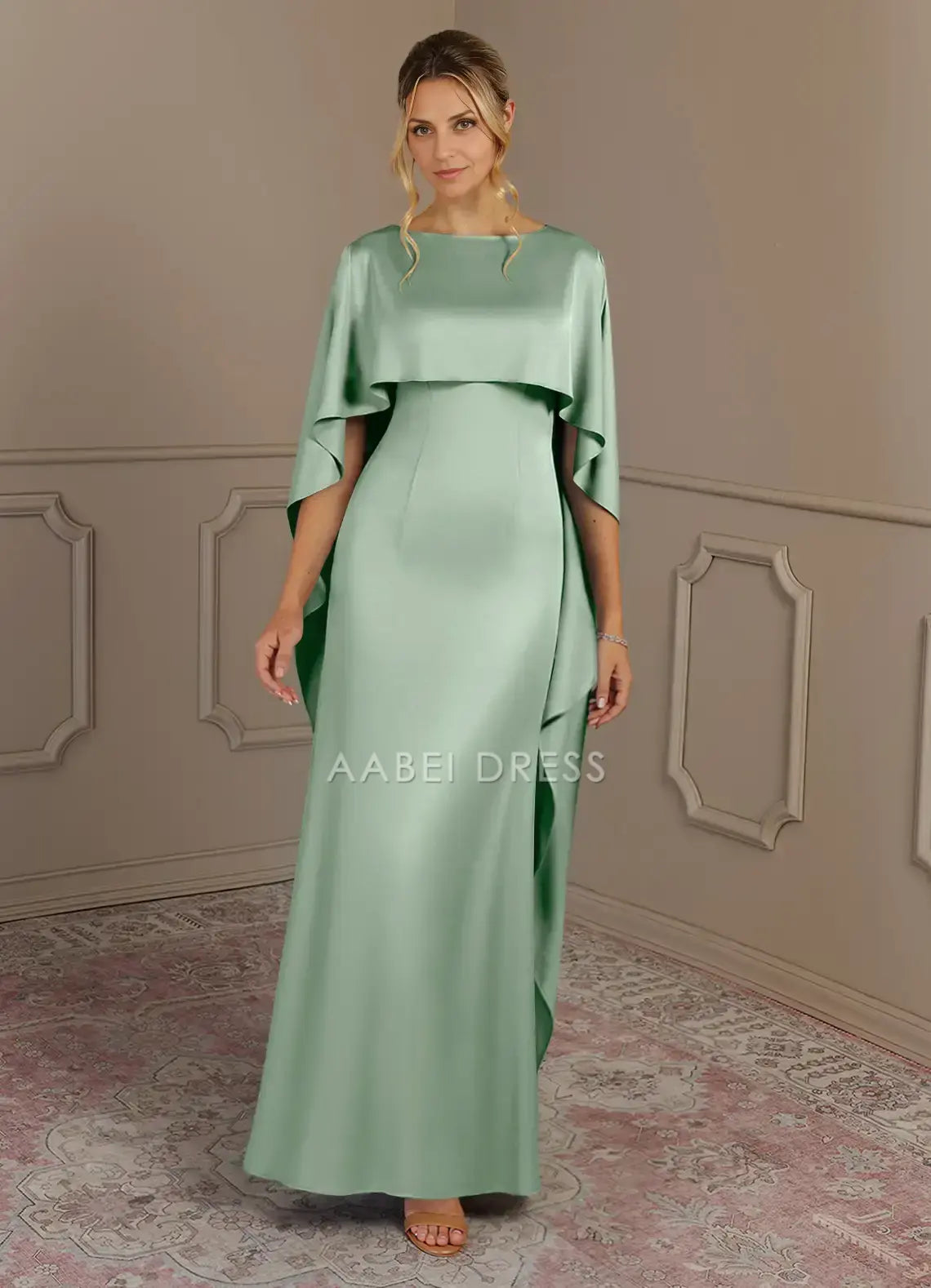 AABEI DRESS Wedding Guests Dresses Sheath Boat Neck Flutter Chiffon Ruched Shawl Elegant Mother of the Bride Dress