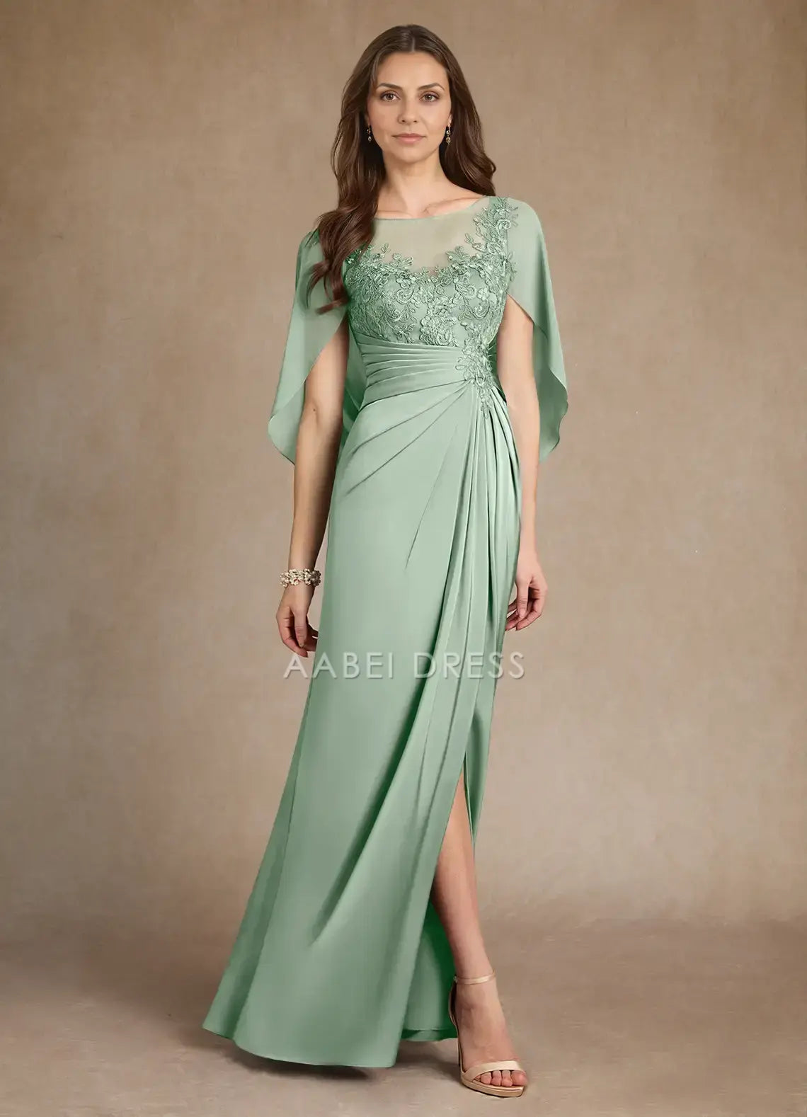 AABEI DRESS Wedding Guests Dresses Sheath Illusion Boatneck Cascading Into Back Capelet Lace Bodice Pleated Side Fork Exquisite Mother of the Bride Dress