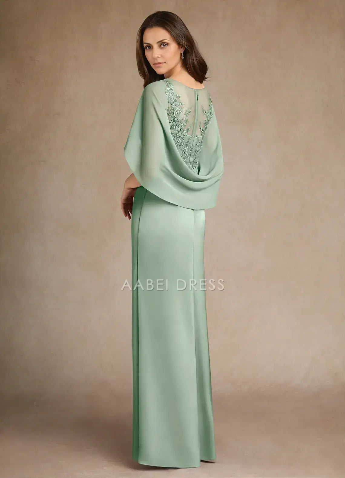 AABEI DRESS Wedding Guests Dresses Sheath Illusion Boatneck Cascading Into Back Capelet Lace Bodice Pleated Side Fork Exquisite Mother of the Bride Dress