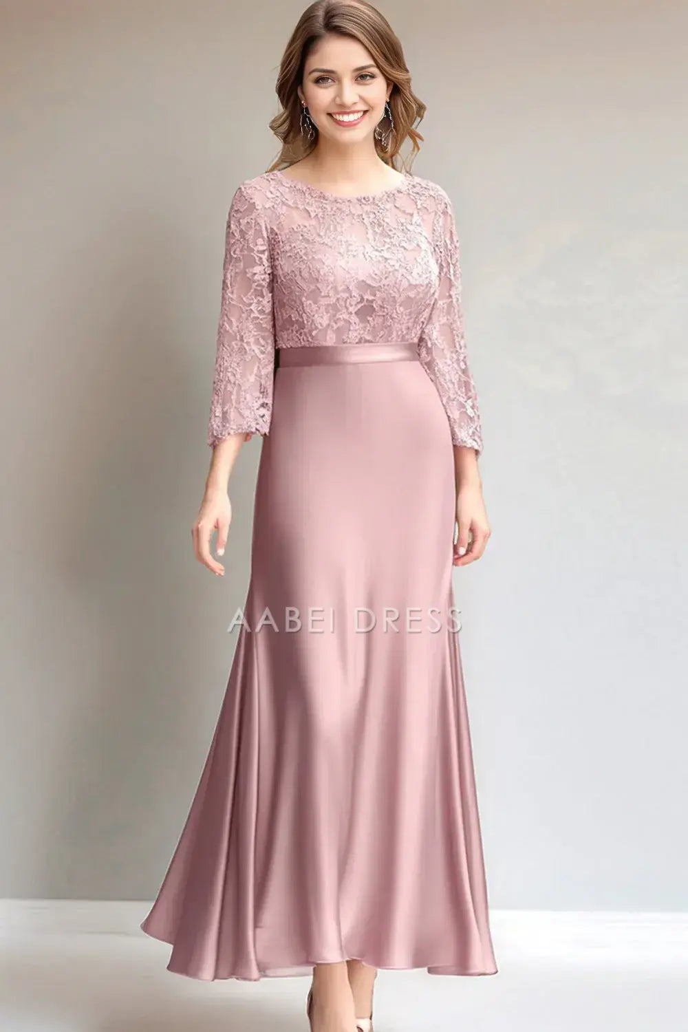 AABEI DRESS Wedding Guests Dresses Sheath Mermaid Round Neck Long Sleeves Lace Ruched Elegant Mother of the Bride Dress