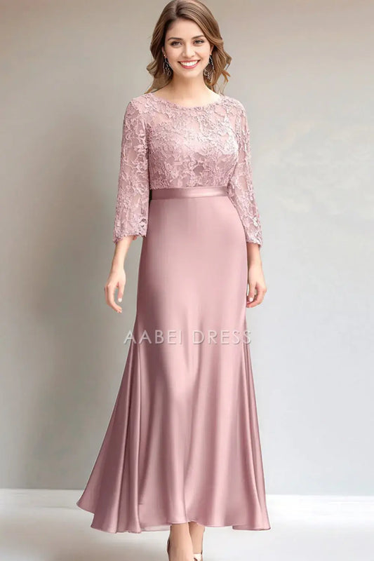 AABEI DRESS Wedding Guests Dresses Sheath Mermaid Round Neck Long Sleeves Lace Ruched Elegant Mother of the Bride Dress