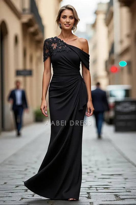 AABEI DRESS Wedding Guests Dresses Sheath One Shoulder With Appliques Pleated Exquisite Long Mother of the Bride Dress
