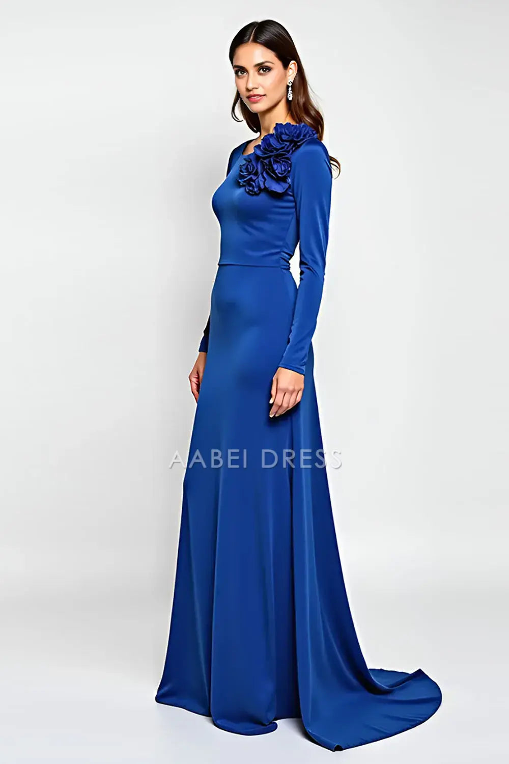 AABEI DRESS Wedding Guests Dresses Sheath Round Neck Long Sleeves 3D Flowers Backless Elegant Long Mother of the Bride Dress