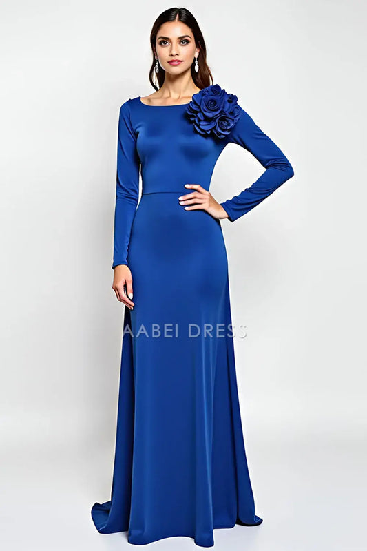 AABEI DRESS Wedding Guests Dresses Sheath Round Neck Long Sleeves 3D Flowers Backless Elegant Long Mother of the Bride Dress