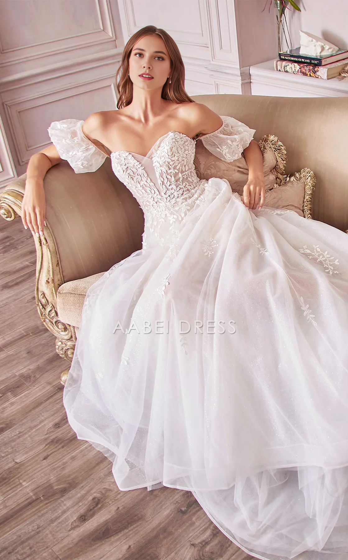 AABEI DRESS A Line Off Shoulde Sweetheart Neckline Short Sleeves Backless Exquisite Lace Wedding Dress