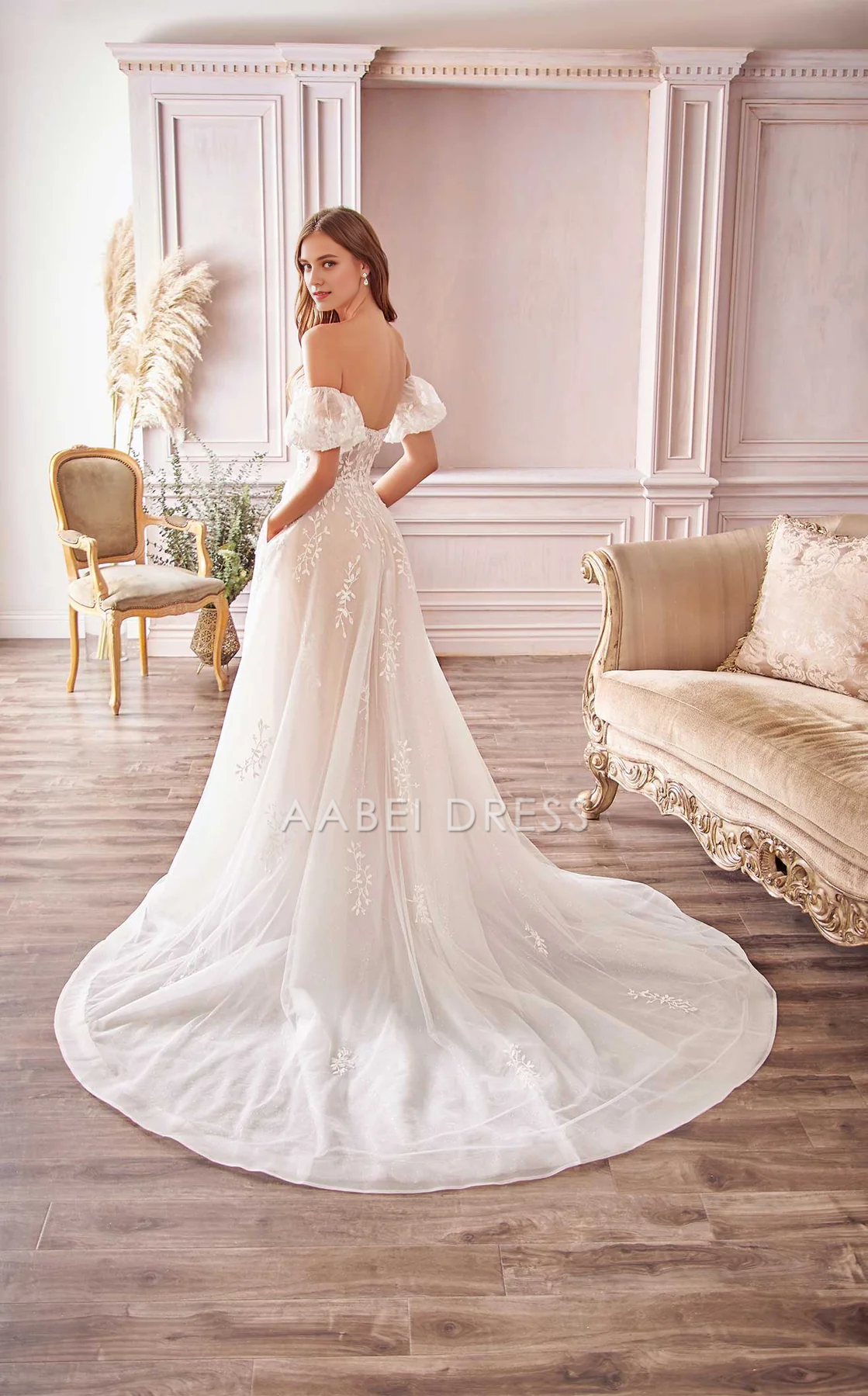 AABEI DRESS A Line Off Shoulde Sweetheart Neckline Short Sleeves Backless Exquisite Lace Wedding Dress
