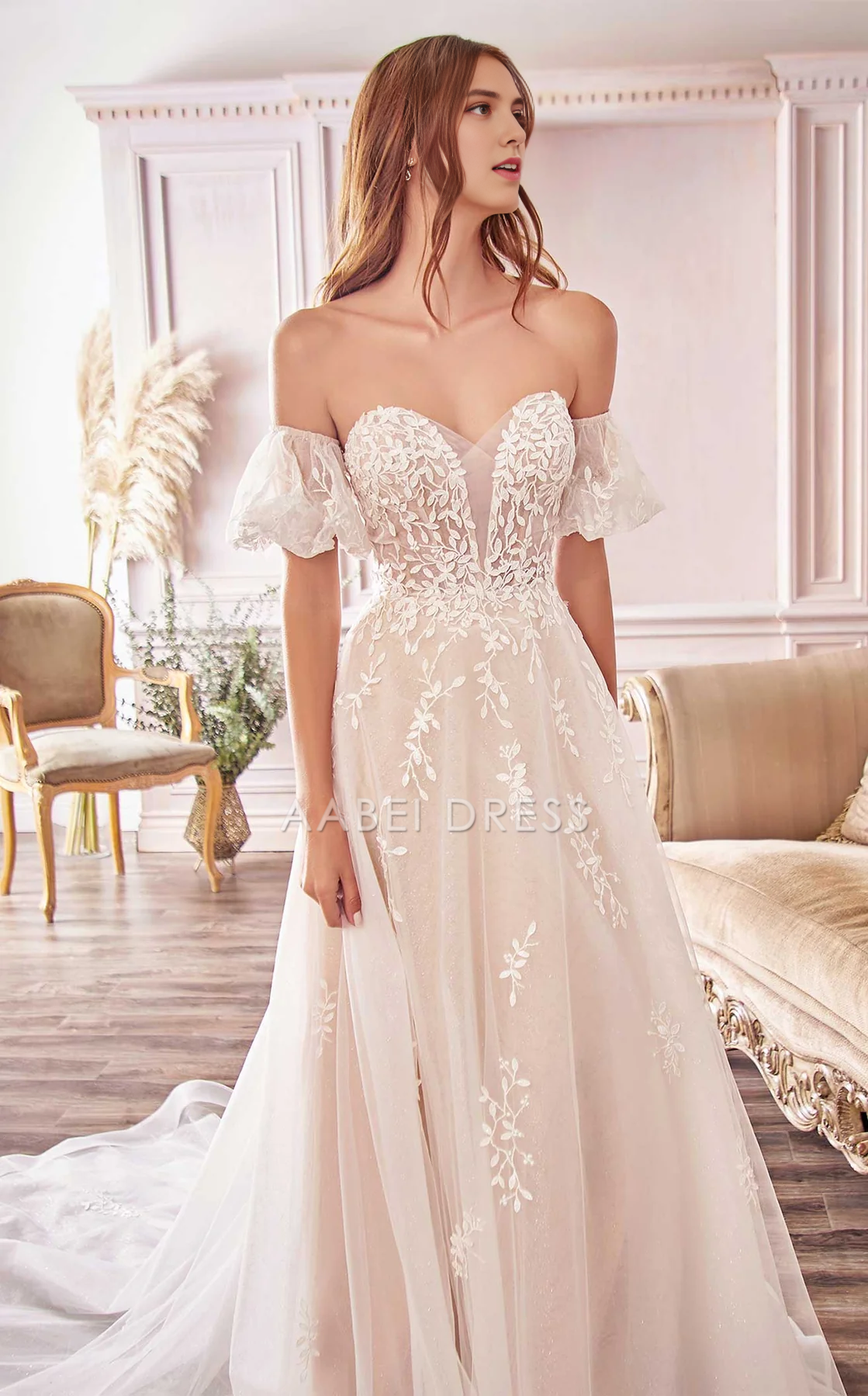 AABEI DRESS A Line Off Shoulde Sweetheart Neckline Short Sleeves Backless Exquisite Lace Wedding Dress