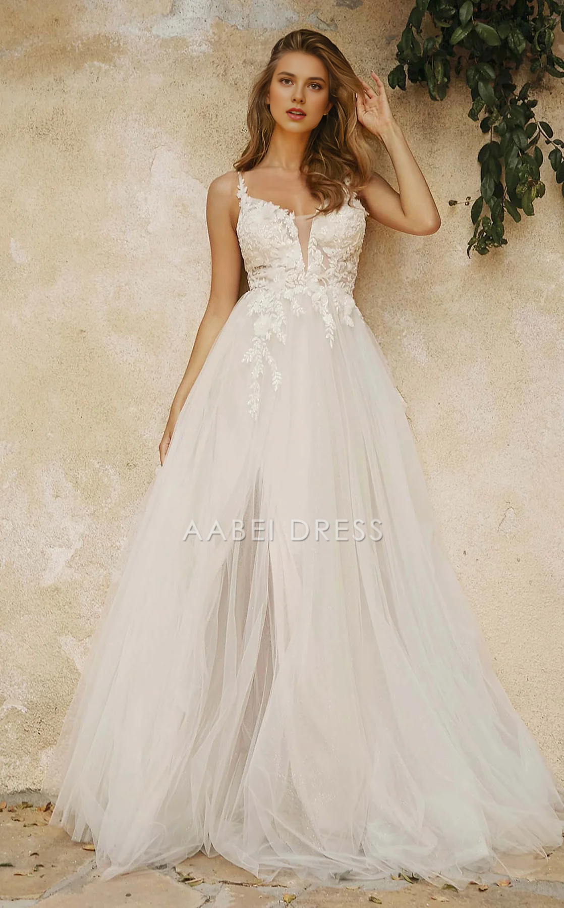 AABEI DRESS A Line Sleeveless Spaghetti Strap Illusion Neck Exquisite Lace Applique Wedding Dress
