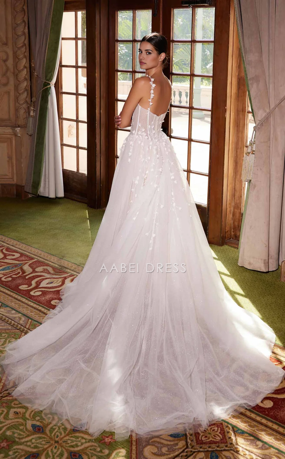 AABEI DRESS A Line Spaghetti Strap Sweetheart Neckline Backless Side Fork Flower Sparkle Wedding Dress