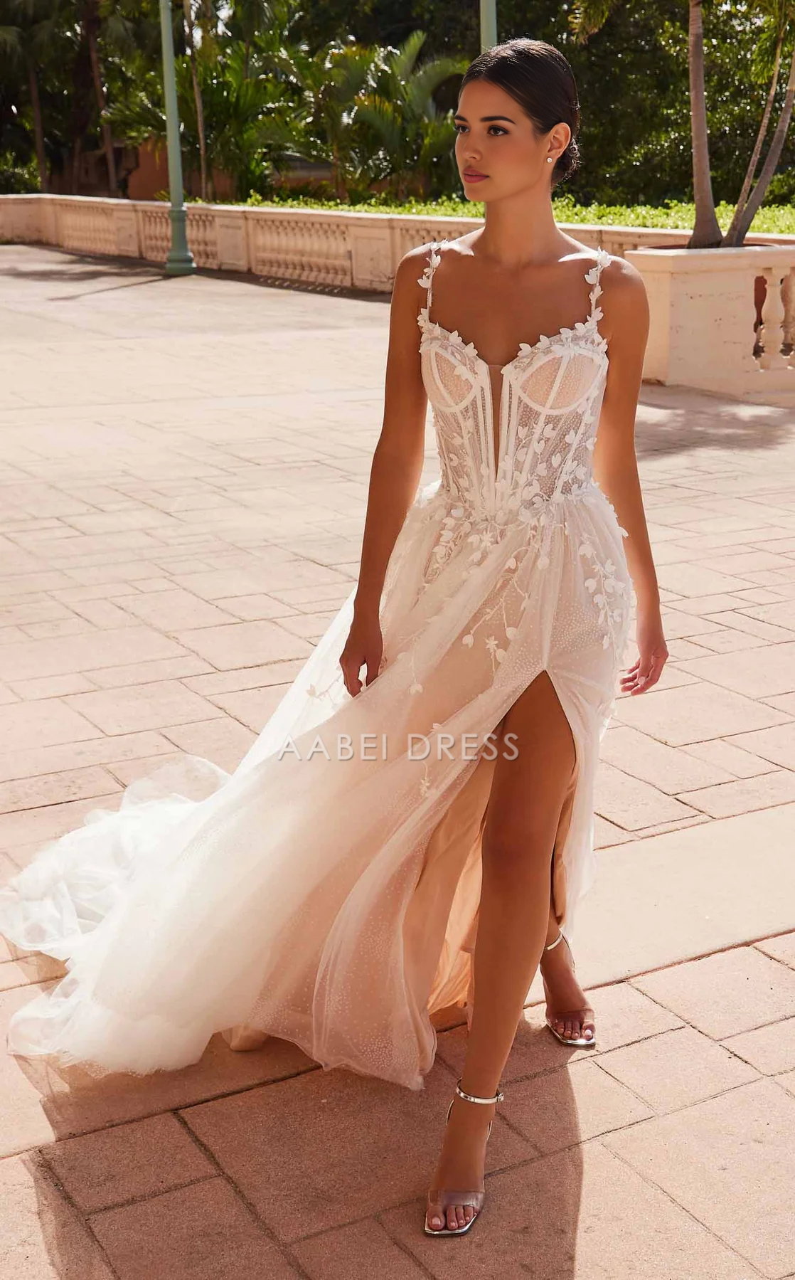 AABEI DRESS A Line Spaghetti Strap Sweetheart Neckline Backless Side Fork Flower Sparkle Wedding Dress