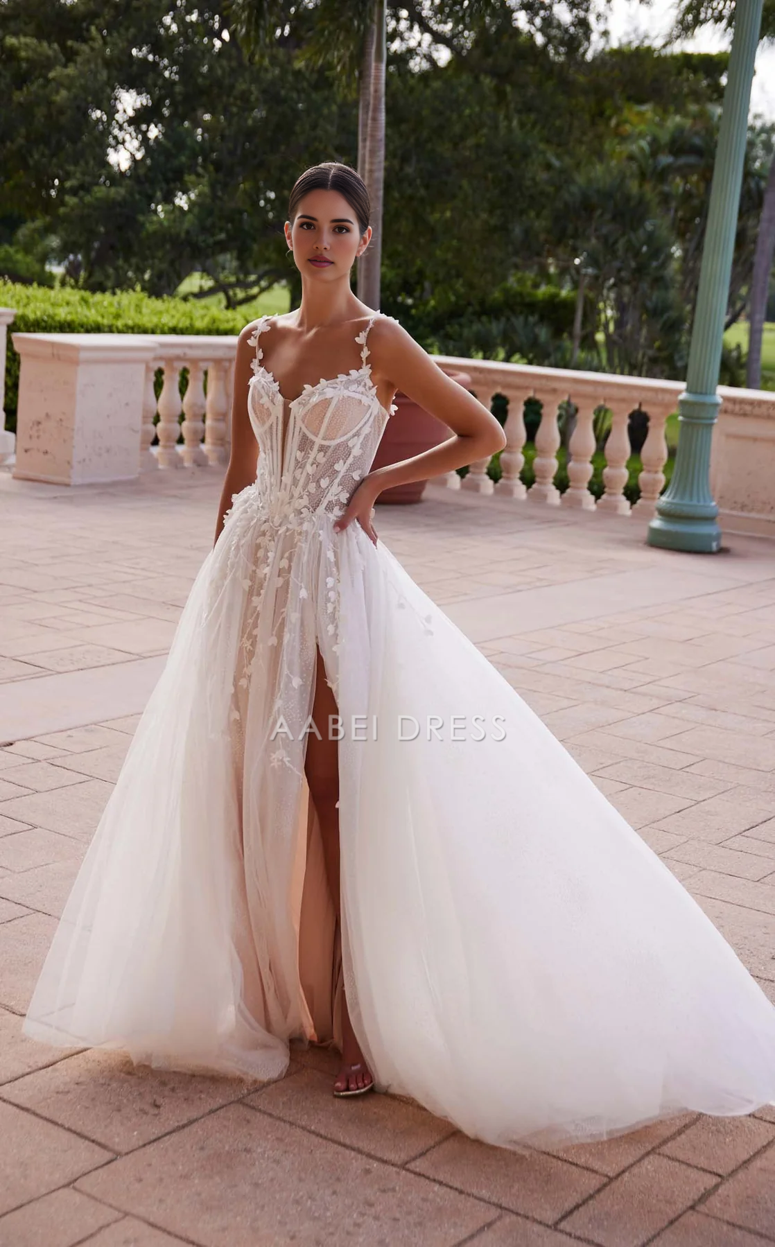 AABEI DRESS A Line Spaghetti Strap Sweetheart Neckline Backless Side Fork Flower Sparkle Wedding Dress