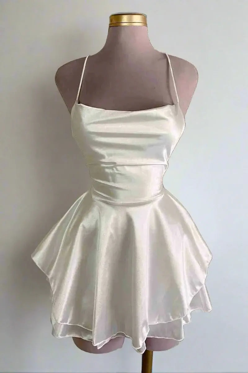 open back a-line mini dress in ivory Satin Short garden party pants