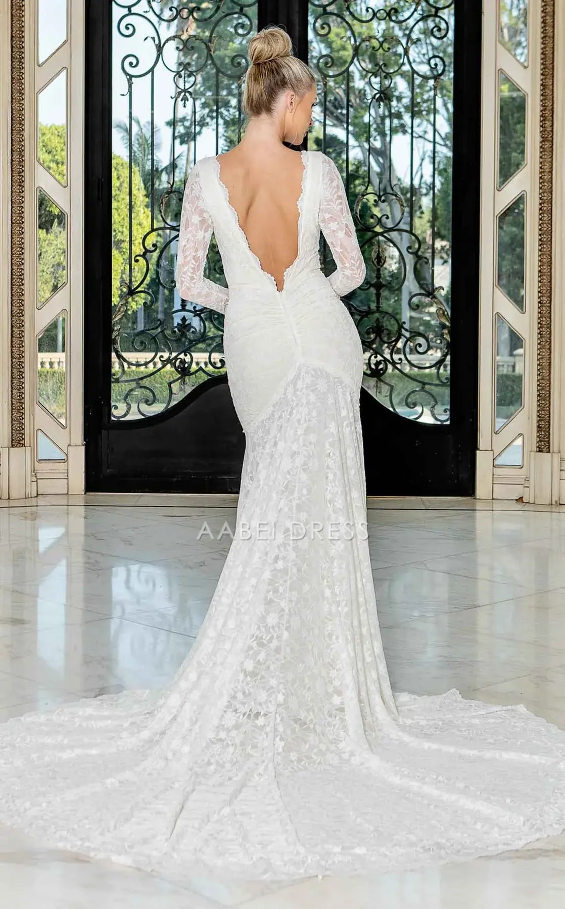 AABEI DRESS Charming Mermaid Boat Neckline Long Sleeves Backless Exquisite Lace Sweep Train Wedding Dress